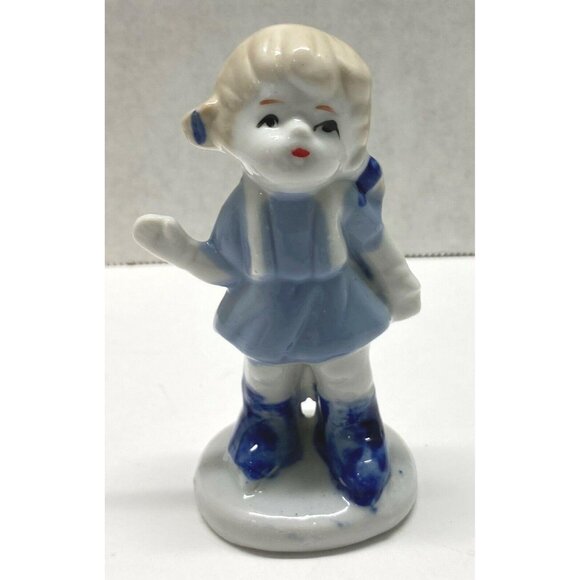 Little Porcelain Dutch Girl Figurine Vintage Child Blue White Waving Hello - Picture 8 of 8
